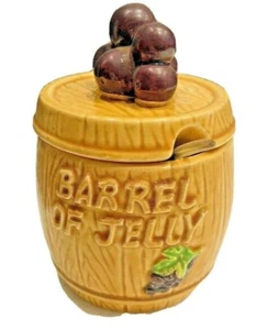 Barrel Of Jelly Jar Kelvins Ceramic Grapes on Lid W/Spoon Made in Japan Vtg 1970 - Picture 1 of 12