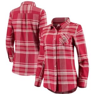 Oklahoma Sooners Women's Missy Boyfriend Crimson Plaid Button Up Flannel Shirt