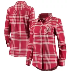 Oklahoma Sooners Women's Missy Boyfriend Crimson Plaid Button Up Flannel Shirt - Picture 1 of 5