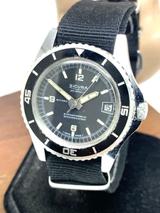 Sicura Men's Watch Vintage Diver Swiss Automatic 25 Jewels Black Dial 38mm Nylon - Picture 1 of 13