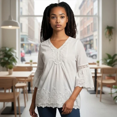 Blusa túnica tribal feminina tamanho 10 branca gola V bordada floral 100% algodão - Imagem 1 de 4