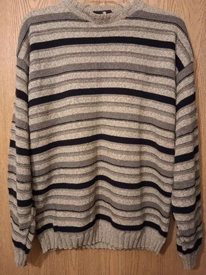 Suéter de punto de mezcla de algodón a rayas marrón claro/negro para hombre - muy buen + estado. Foto 1 de 4