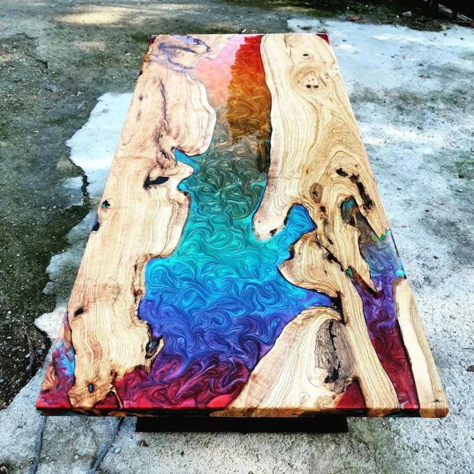 Custom Rainbow Epoxy Resin Dining Table Multi-Color Live Edge Wood Coffee Table - Image 1 of 4