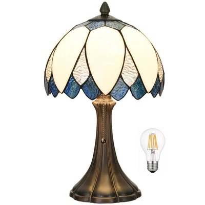 TL0014 蓝色和白色 LotusTiffany 台灯彩色玻璃床边灯 Bendin... — 第 1/4 张图片