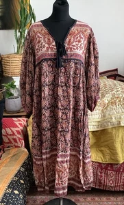 🦋Naked Generation Block Print Midi Dress *L Pockets Indian Cotton Bohemian Folk - Picture 1 of 10
