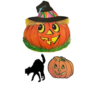 Vintage Halloween Decorations Die Cut Pumpkin Jack O Lantern Black Cat Paper - Picture 1 of 6
