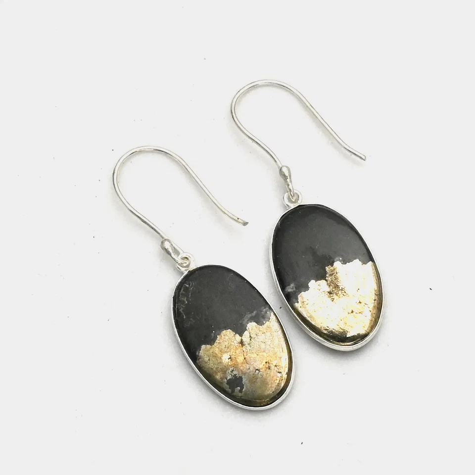 Brincos pendurados de gota feitos à mão com pedra preciosa pirita Apache presente joia 1,6" AE-99565 - Imagem 1 de 1