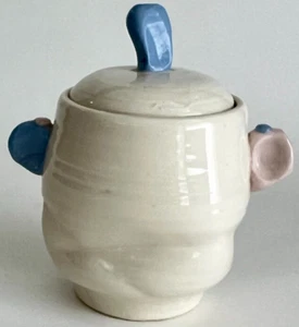 Vintage 1987 Voorhees Pottery Sugar Bowl Jar w/Lid White Blue Pink - Picture 1 of 7