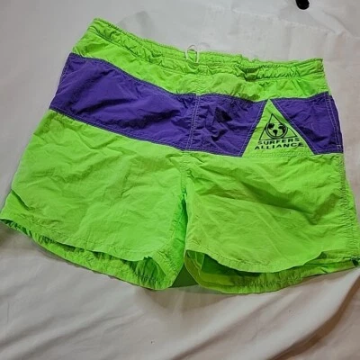 VTG 1990Ss Surf Alliance Large Neon Green Purple Swim Trunks Size Large USA Y2K - Image 1 of 4