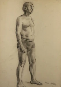 Dibujo pastel original vintage hombre retrato desnudo firmado - Imagen 1 de 16