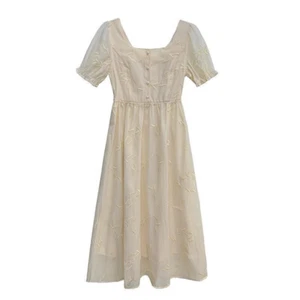 Women Tea Dress Midi Short Puff Sleeve Embroidery Square Neck Summer Retro - Picture 1 of 12