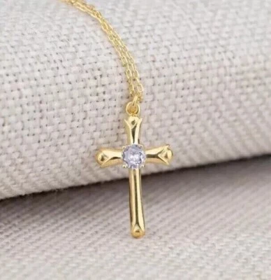 Round Cut Simulated Diamond Women's Cross Pendant Chain 14k Yellow Gold Plated - Image 1 of 4