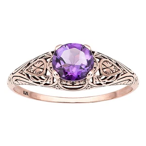 10k Rose Gold Vintage Style Genuine Round Amethyst Scroll Ring - Picture 1 of 4