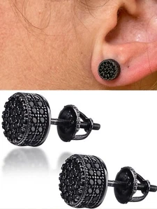 Real Solid 925 Sterling Silver Round Cluster Earrings Black CZ Studs Iced - Picture 1 of 12