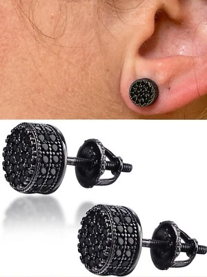 Real Solid 925 Sterling Silver Round Cluster Earrings Black CZ Studs Iced - Image 1 of 4