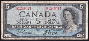 Canada 1954 $5 Five Dollar Banknote Devils Face Beattie - Coyne E/C 1249027 - Picture 1 of 2
