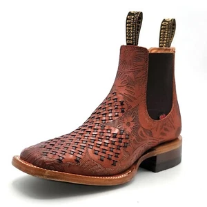 Women's Square Toe Short Boots with Hand-Tooled Leather & Petatillo Braided - Picture 1 of 3