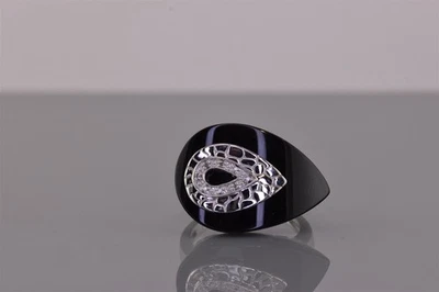 Anillo de plata esterlina curvado de ónix negro lágrima diamante acentuado banda 925 talla: 7 Foto 1 de 4