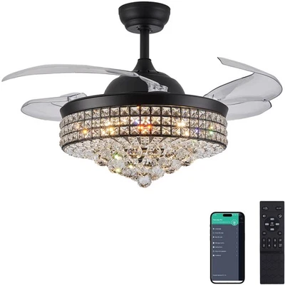 48" Dimmable Black Fandelier Crystal LED Ceiling Fans with Lights and Remote ... - Image 1 of 4
