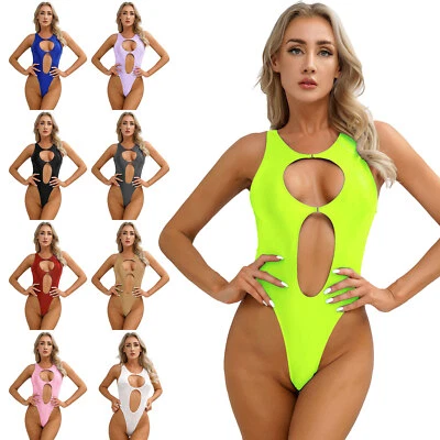 YiZYiF Damen Öl Glänzend One Piece Badeanzug Cutout Rückenfrei Bodysuit Monokini - Bild 1 von 3