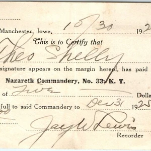 1925 Caballeros Templarios de Iowa Gran Nazaret Comandancia Recibo Manchester C46 - Imagen 1 de 3