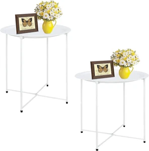 Folding Tray Metal Side Table 2PC White round End Table Cyan Sofa Small Accent F - Picture 1 of 12
