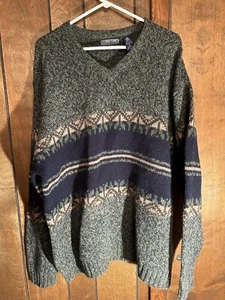 STRUCTURE V-Neck Long Sleeve Striped Shetland 100% Wool Sweater Men's Size XL - Picture 1 of 5