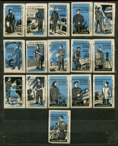 1960, SOWJETISCHE ARBEITSUNIFORM, 16ER SET SELTENE RUSSISCHE STREICHHOLZSCHACHTEL ETIKETTEN, BLAU - Bild 1 von 1