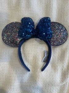 DISNEY PARKS MICKEY MINNIE MOUSE 2020 EARS SPARKLY HEADBAND BLUE SEQUINED BOW - Picture 1 of 6