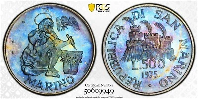 PCGS MS66 1975 San Marino Numismatic Agency 500 Lire Toned - Image 1 of 3