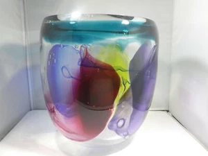 LARGE LEON APPLEBAUM MULTI COLORED HAND BLOWN ART GLASS VASE - Picture 1 of 6