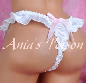 Satin Sissy Panties for MEN ORIGINAL Flutter Ruffled Pouch White T back THONG - Picture 1 of 2