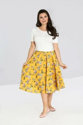 Hell Bunny 花园花卉印花芥末黄色 50 年代裙带口袋 — 第 1/4 张图片