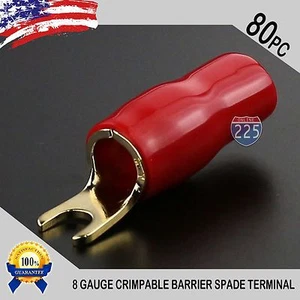 GOLD PLATED SPADE FORK 8 GAUGE TERMINAL RED 80 PACK INSULATED CONNECTOR CRIMP US - Picture 1 of 1