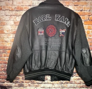 Karl Kani Varsity Jacket Mens Large Leather Wool Black Gray Hip Hop 90s Vtg - Picture 1 of 17