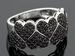 Micro Pave Vivid Black Onyx Heart Link Design In Real 925 Sterling Silver Ring - Picture 1 of 4