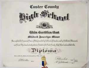 1936 Diploma Custer County High School Miles City Montana Bänder Gold Aufkleber - Bild 1 von 9