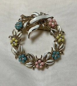 VTG CORO Brooch Pink Blue Yellow Spring Flowers Rhinestone Gold-Tone 1.88”Signed - Picture 1 of 17