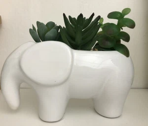 Elephant White Ceramic Faux Succulent Planter Flower Plant Pot - Picture 1 of 4