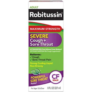 Robitussin ADULT Max Strength SEVERE Cough + Sore Throat CF Max Medicine 8 fl oz - Picture 1 of 8