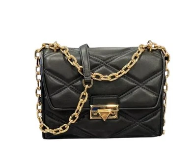 MICHAEL KORS SERENA MD FLAP CHAIN SHOULDER CROSSBODY QUILTED BAG BLACK/GOLD - Image 1 of 4