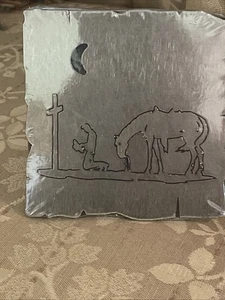 4pc Cowboy Kneeling at Cross Coasters Metal Plasma Cut Brushed Brass Finish - Picture 1 of 7