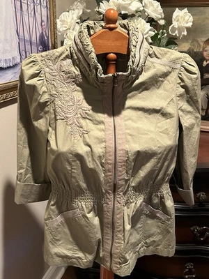 Chaqueta Blazer DKNY Jeans Boheme Cremallera Frontal Con Capucha Caqui Top Algodón Claro Talla M Foto 1 de 4