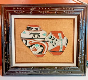 Vintage Navajo Sandkunst Malerei Stoff Indianer Gläser Perlen Reißverschluss 23" gerahmt - Bild 1 von 12