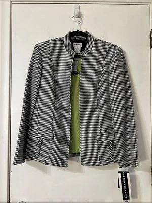 Perceptions Houndstooth Size 14 Open Jacket Blazer Cardigan Set Green Under Tank - Image 1 of 4