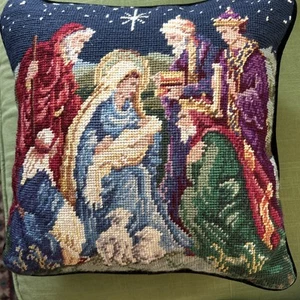 needlepoint pillow Holy Family With Wise Men 13”x13” - Picture 1 of 3