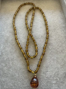 Vintage Art Deco Yellow Czech Faceted Glass Beads Drop Pendant 38” Long - Picture 1 of 9