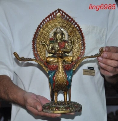 Templo budista tibetano pintura color bronce pavo real Ming Wang bodhisattva estatua Foto 1 de 4