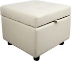 White Tufted Leather Square Flip Top Storage Ottoman Cube Foot Rest with Storage