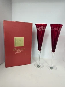 Set/s of 2 Lenox Holiday Gems Red Flutes Champagne Glasses 11" Etched Holly NEW - Picture 1 of 5